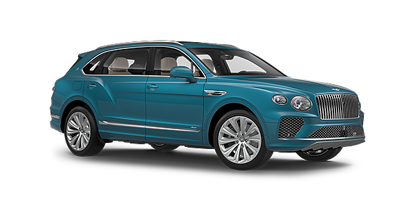 Bentley Belfast Bentayga Extended Wheelbase Azure luxury SUV front three quarter in Topaz Blue by Mulliner paint